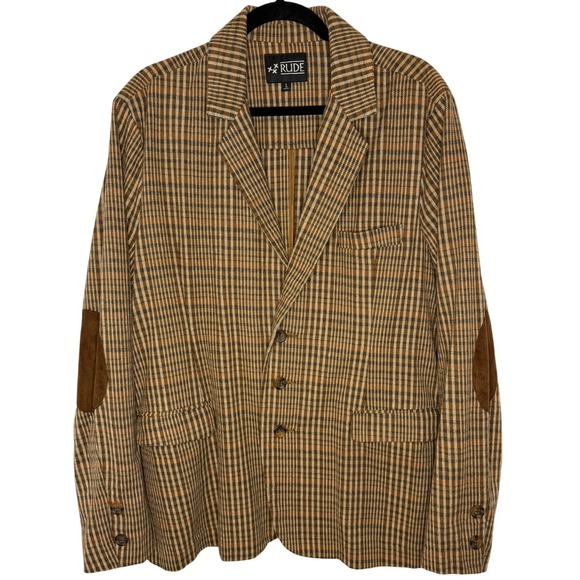 RUDE Jackets & Blazers - Rude Blazer Jacket Wns L Brown Plaid Elbow Patches Dark Academia Vintage Style